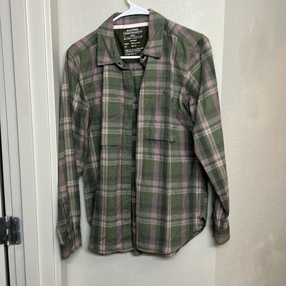REI green plaid flannel.